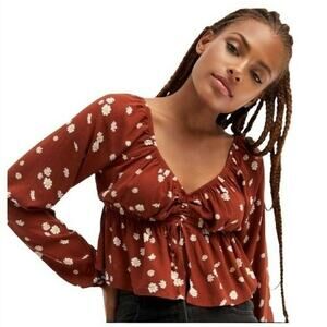 PACSUN Rust Brown with Floral White Yellow Off Shoulder Crop Peasant Top Medium